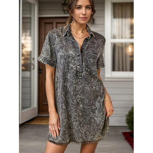 'Karina' Short Sleeve Denim Mini Dress - Celes Fashion